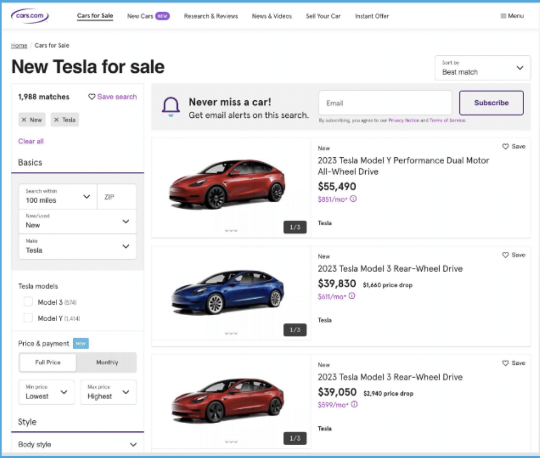DCDWeekupdate - Tesla SRP op Cars.com